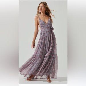 Eartha Floral Plunge Tie Waist Maxi Dress - BLUE PINK MULTI DITS
